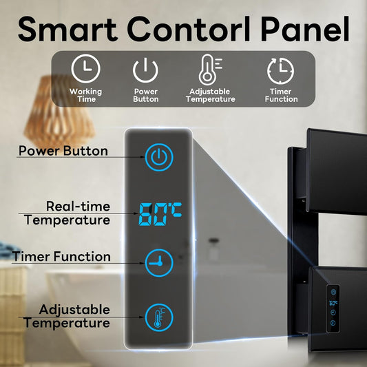 Heated Towel Rack, Towel Warmer Rack with Intelligent Touch Timer, LED Display for Time and Temperature, Waterproof Aluminum Towel Warmer for Bathroom, Support Hard Wired/Plug-in, Black