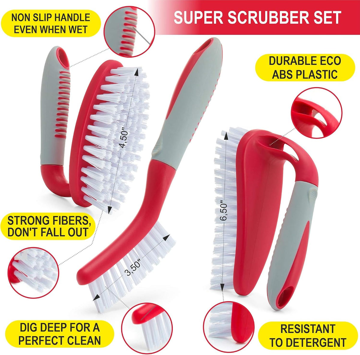 Scrub Brush Set of - Cleaning Shower Scrubber with Ergonomic Handle and Durable Bristles - Grout Cleaner Brush - Scrub Brushes for Cleaning Bathroom/Shower/Tile/Kitchen/Floor/Bathtub/Carpet