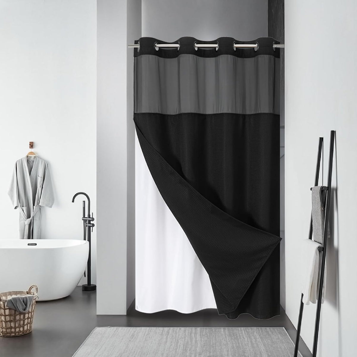 No Hook Waffle Shower Curtain with Snap-in Liner, 71x74 Inch, White