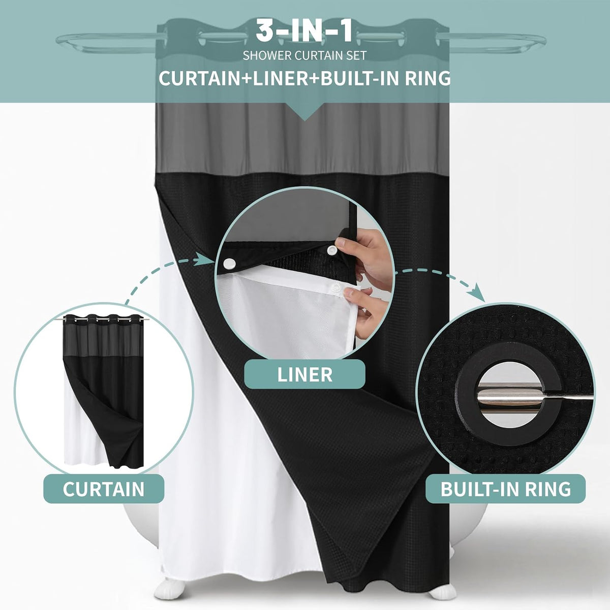 No Hook Waffle Shower Curtain with Snap-in Liner, 71x74 Inch, White