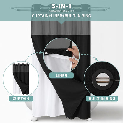 No Hook Waffle Shower Curtain with Snap-in Liner, 71x74 Inch, White
