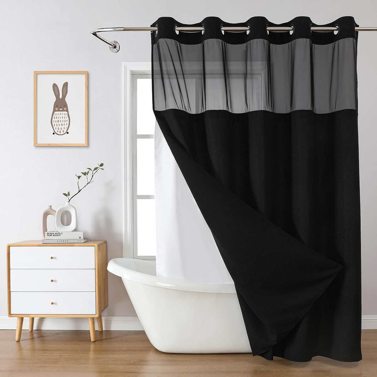 No Hook Waffle Shower Curtain with Snap-in Liner, 71x74 Inch, White