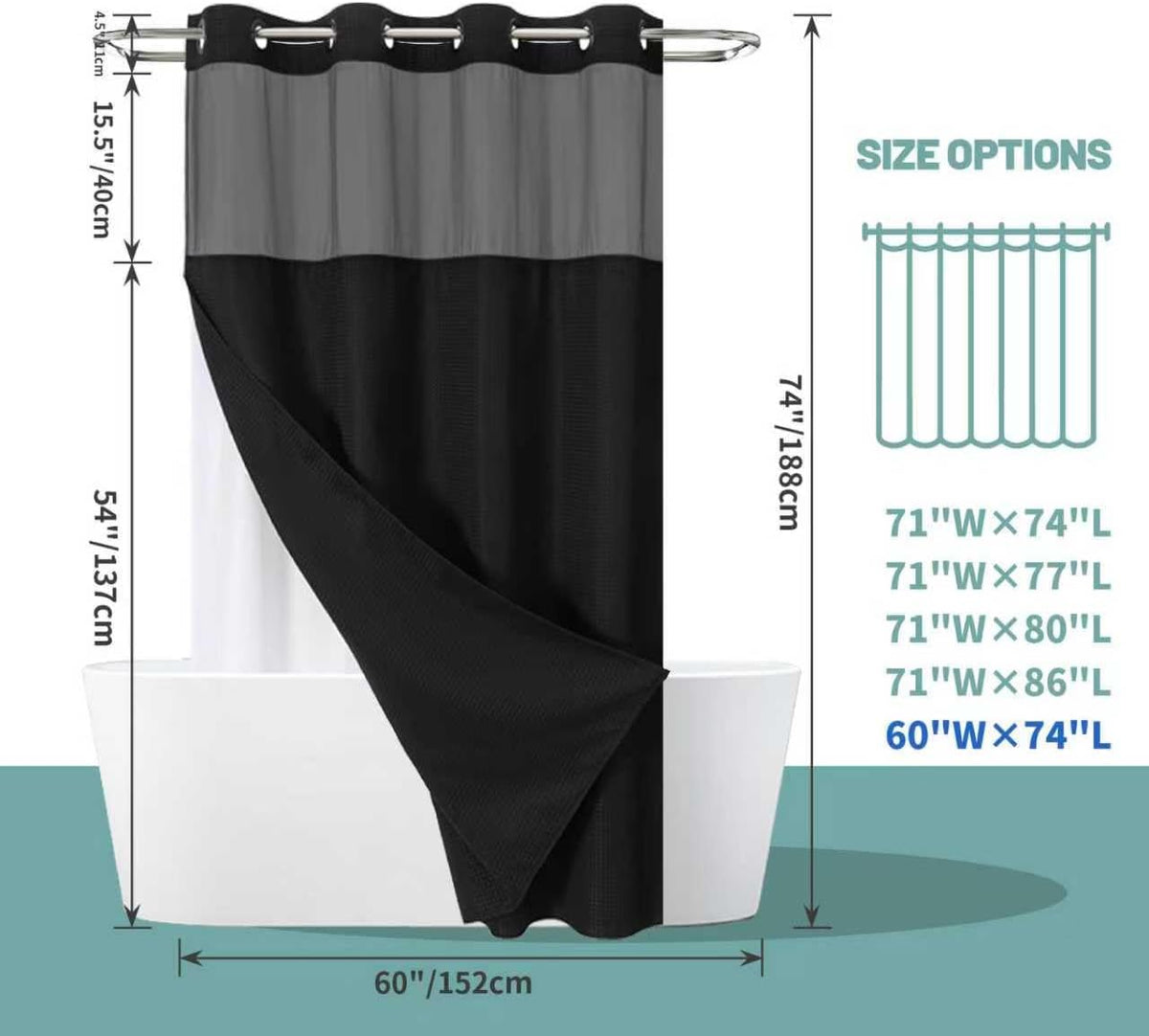 No Hook Waffle Shower Curtain with Snap-in Liner, 71x74 Inch, White