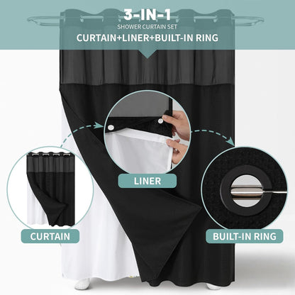No Hook Waffle Shower Curtain with Snap-in Liner, 71x74 Inch, White