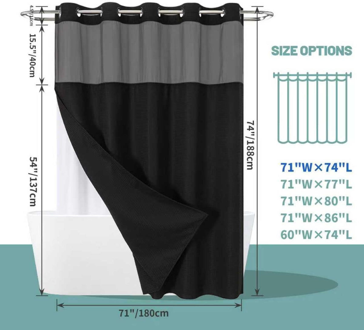 No Hook Waffle Shower Curtain with Snap-in Liner, 71x74 Inch, White