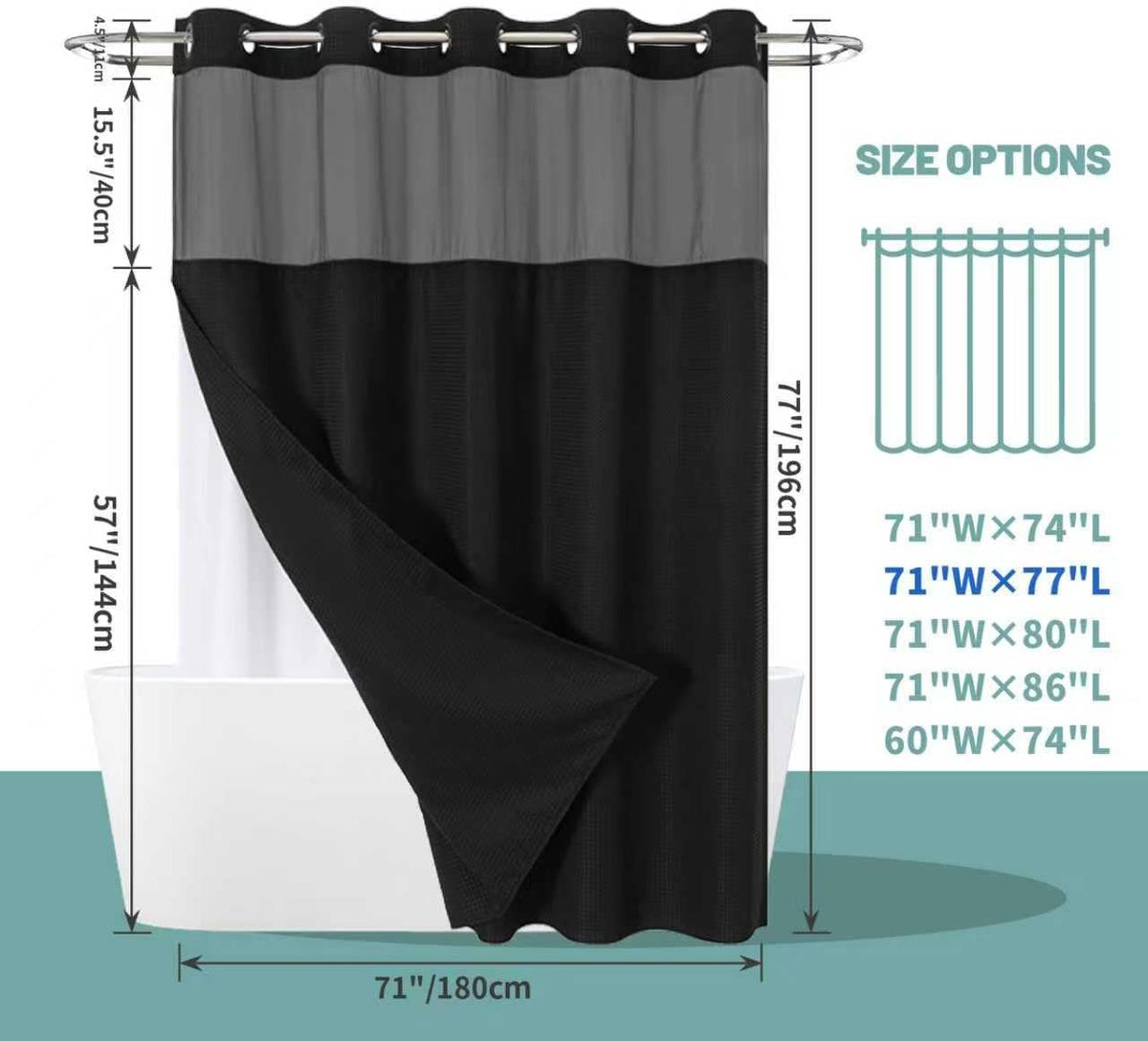 No Hook Waffle Shower Curtain with Snap-in Liner, 71x74 Inch, White