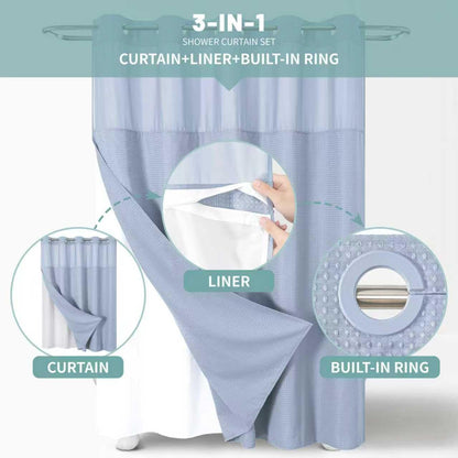 No Hook Waffle Shower Curtain with Snap-in Liner, 71x74 Inch, White