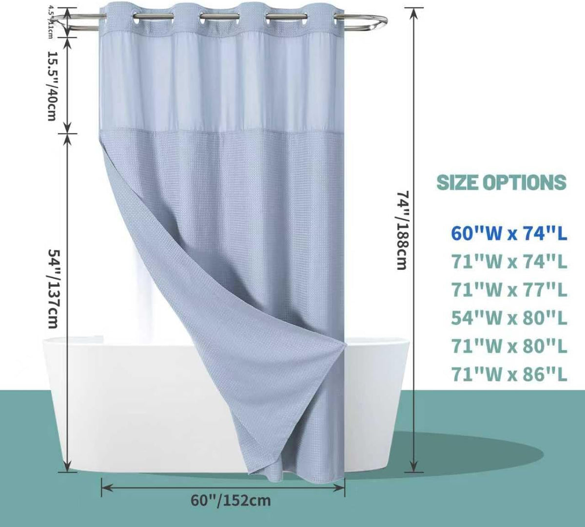 No Hook Waffle Shower Curtain with Snap-in Liner, 71x74 Inch, White