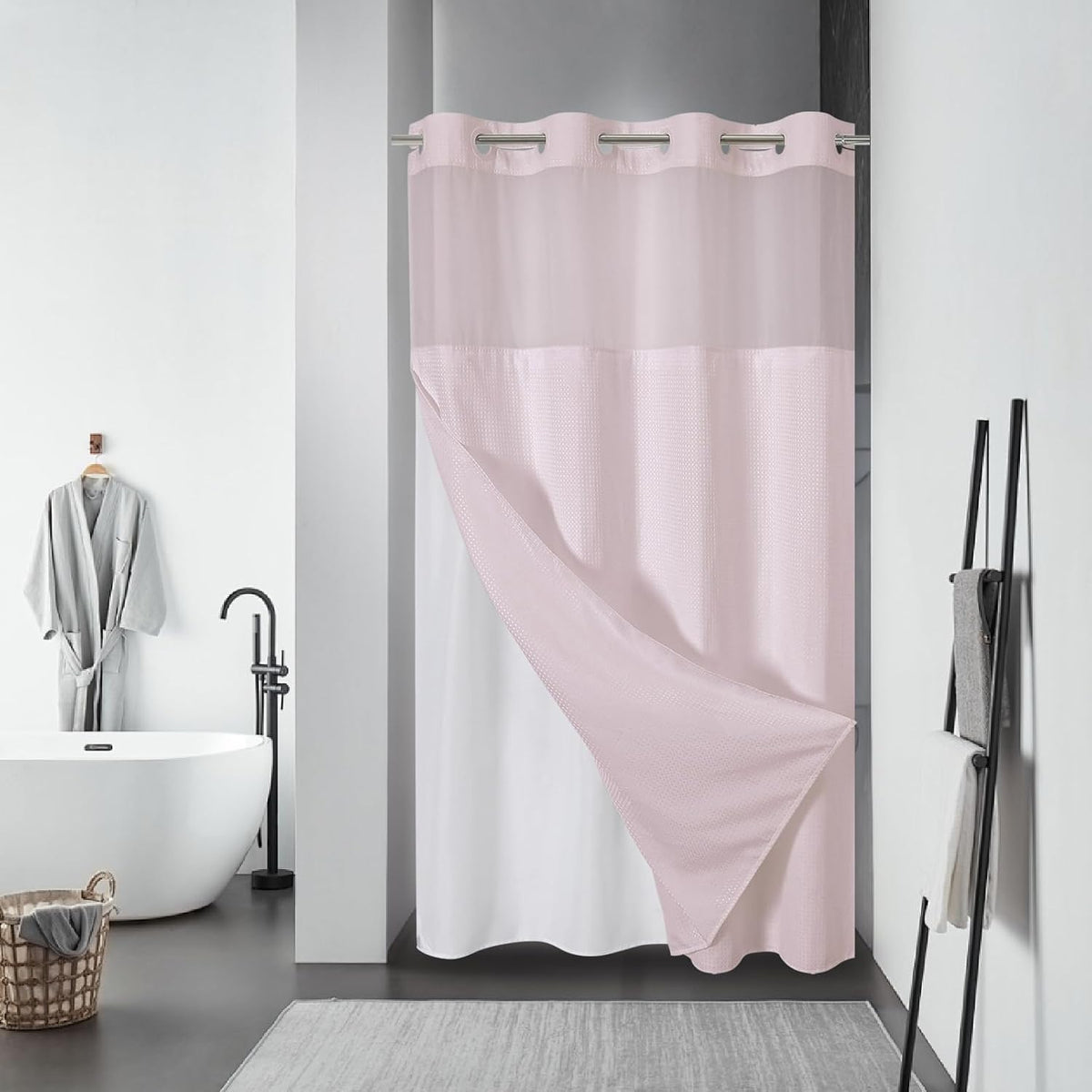 No Hook Waffle Shower Curtain with Snap-in Liner, 71x74 Inch, White