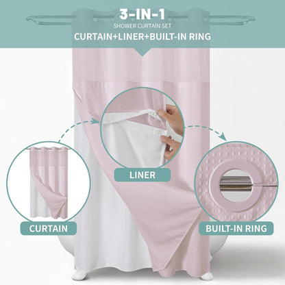 No Hook Waffle Shower Curtain with Snap-in Liner, 71x74 Inch, White