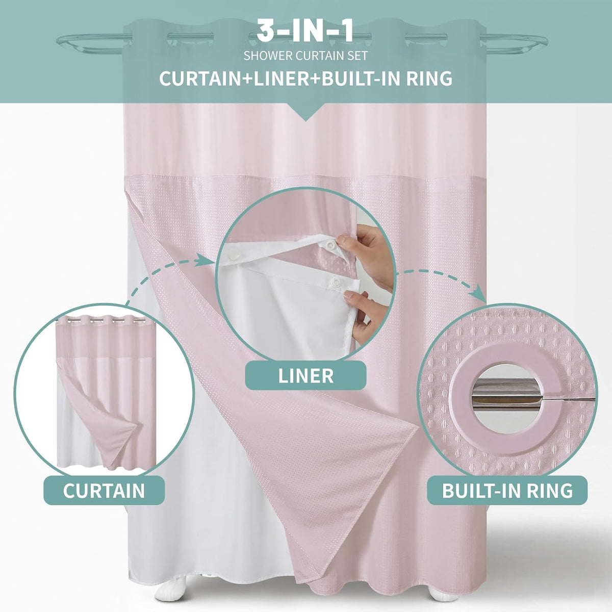 No Hook Waffle Shower Curtain with Snap-in Liner, 71x74 Inch, White
