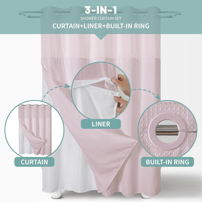No Hook Waffle Shower Curtain with Snap-in Liner, 71x74 Inch, White