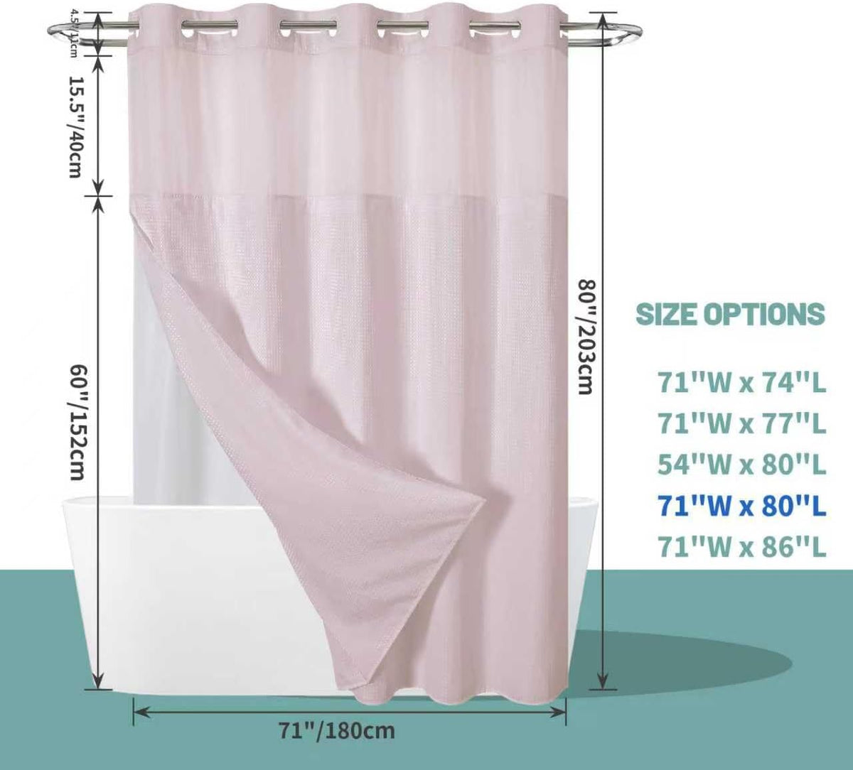 No Hook Waffle Shower Curtain with Snap-in Liner, 71x74 Inch, White