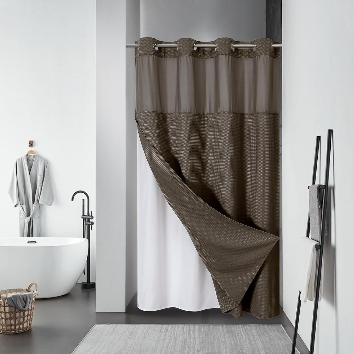 No Hook Waffle Shower Curtain with Snap-in Liner, 71x74 Inch, White