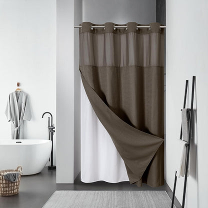 No Hook Waffle Shower Curtain with Snap-in Liner, 71x74 Inch, White