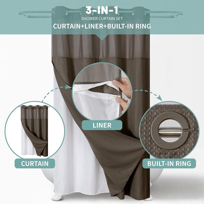 No Hook Waffle Shower Curtain with Snap-in Liner, 71x74 Inch, White