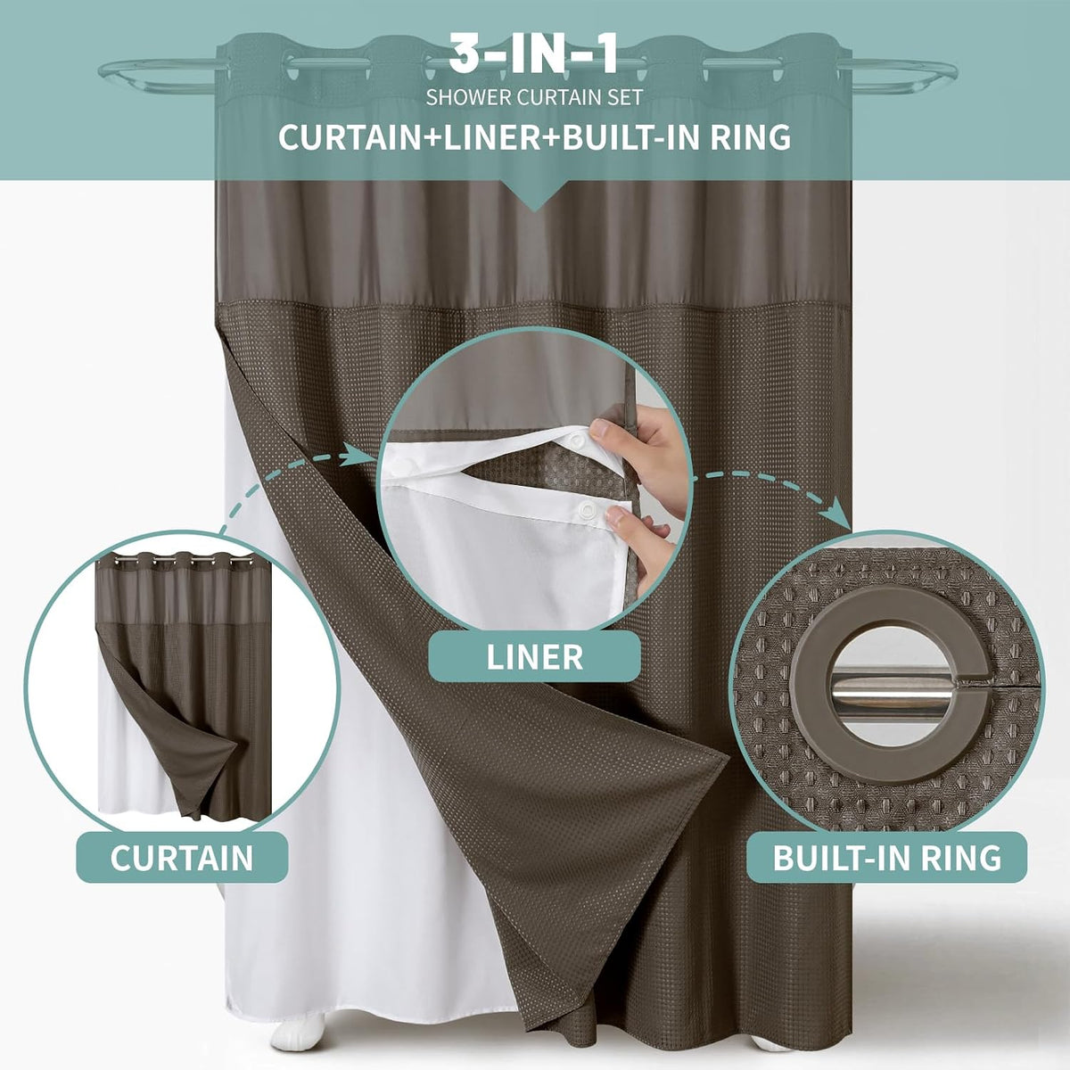 No Hook Waffle Shower Curtain with Snap-in Liner, 71x74 Inch, White