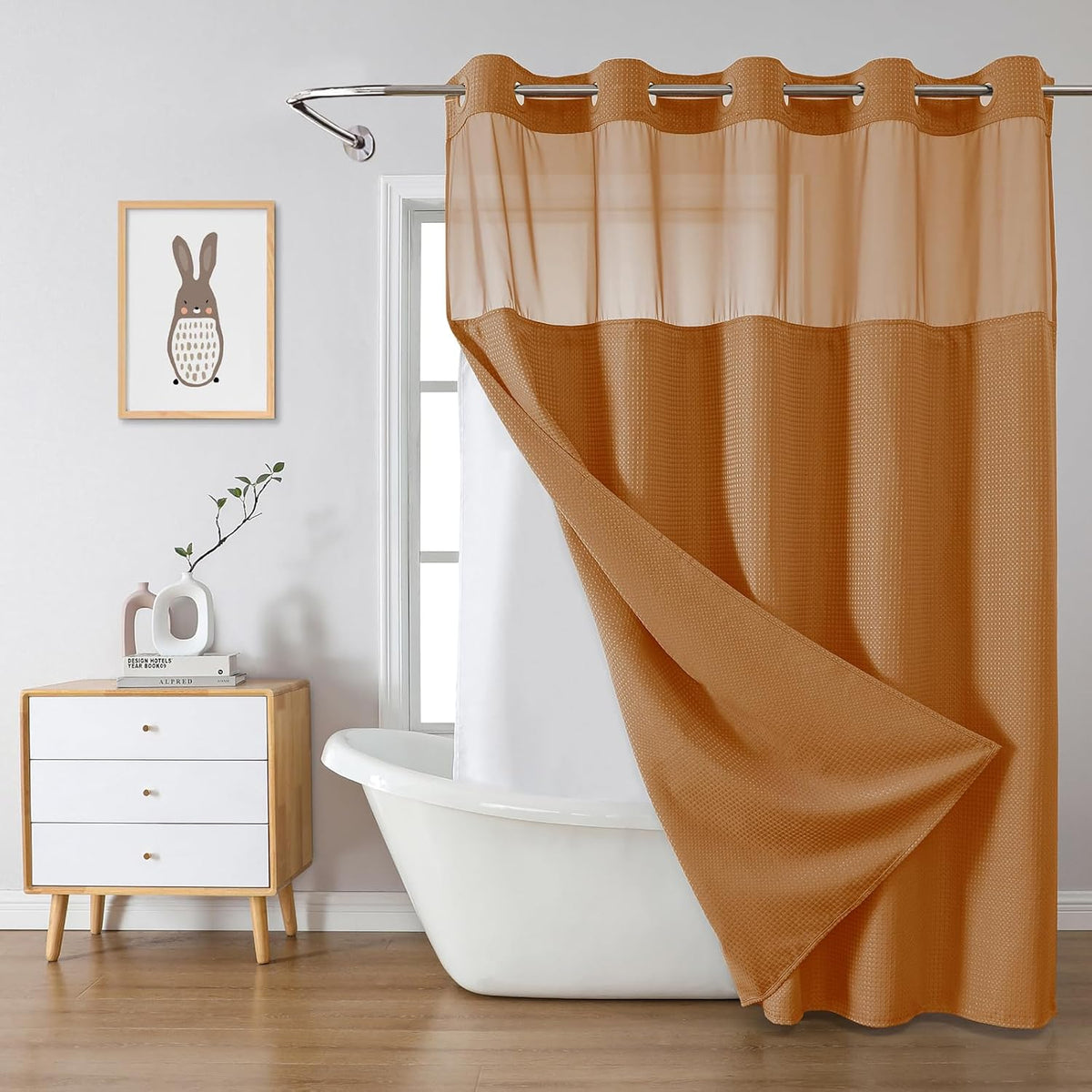 No Hook Waffle Shower Curtain with Snap-in Liner, 71x74 Inch, White