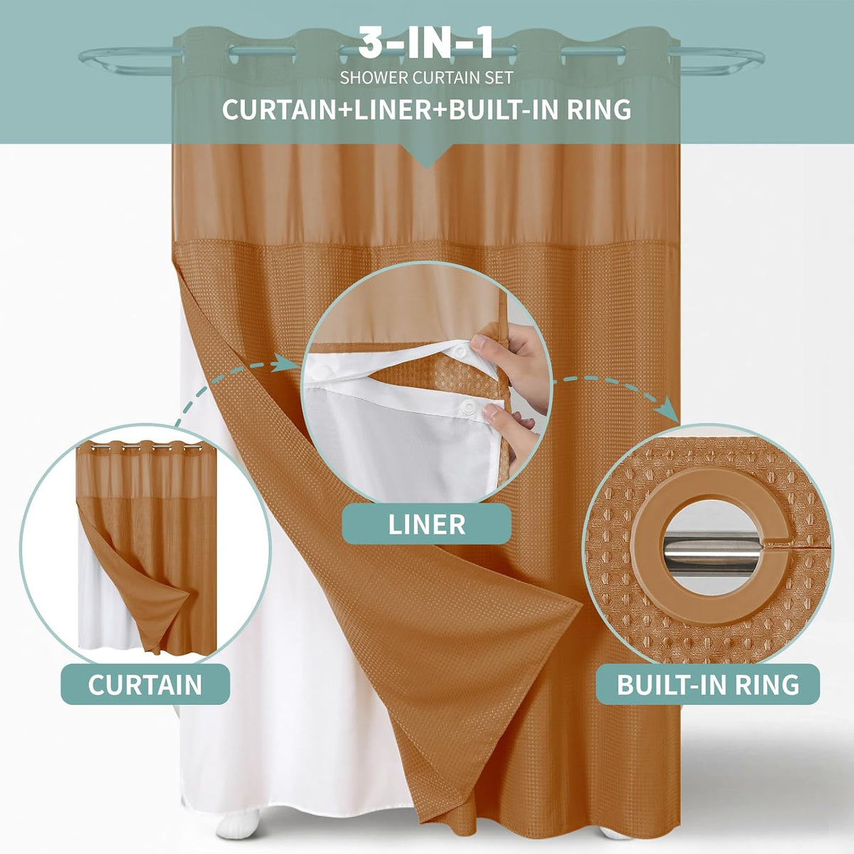 No Hook Waffle Shower Curtain with Snap-in Liner, 71x74 Inch, White