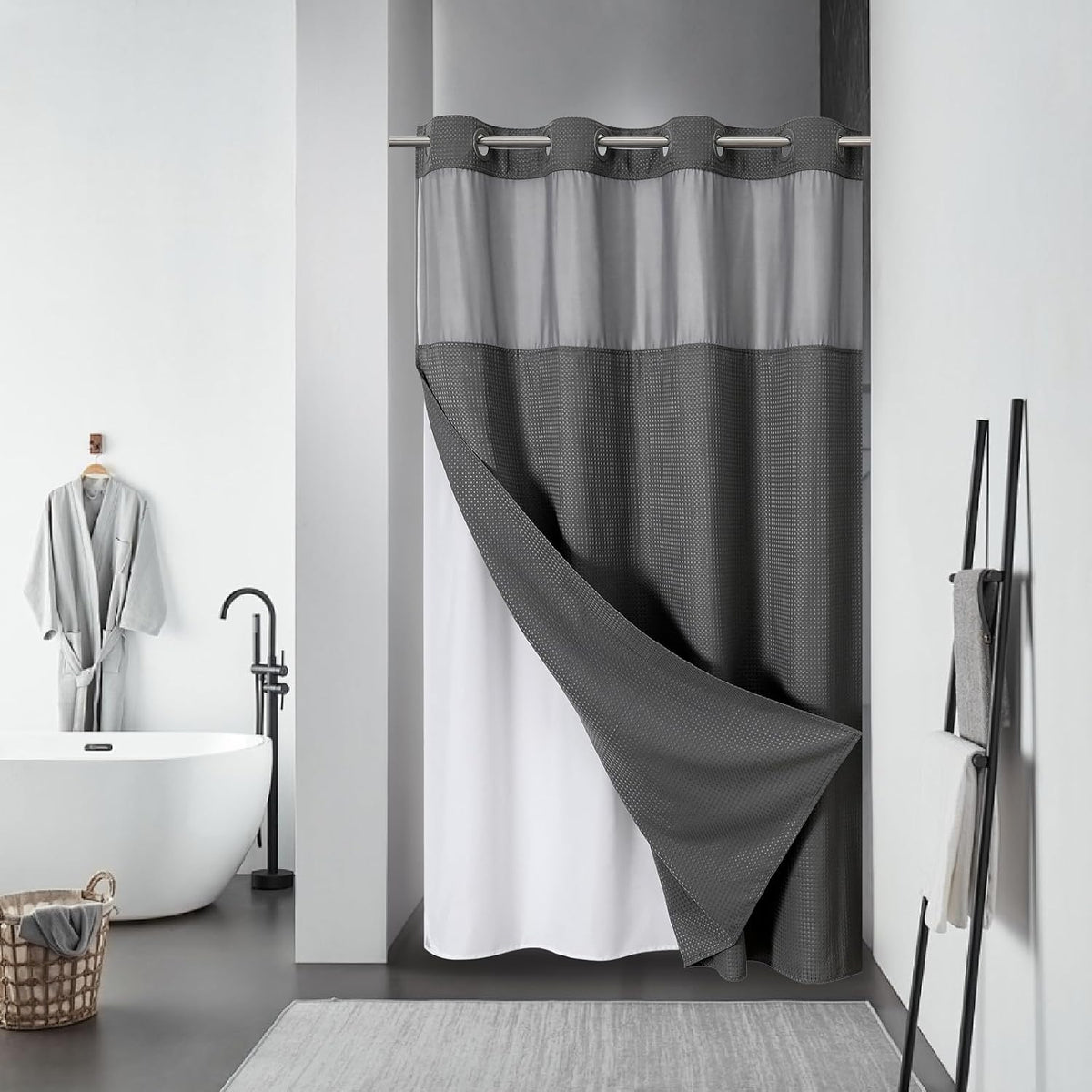 No Hook Waffle Shower Curtain with Snap-in Liner, 71x74 Inch, White