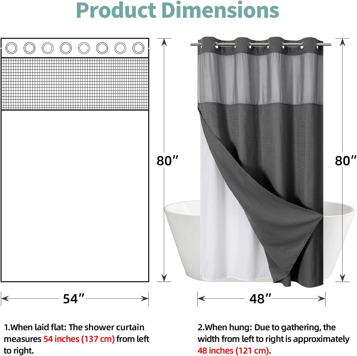 No Hook Waffle Shower Curtain with Snap-in Liner, 71x74 Inch, White