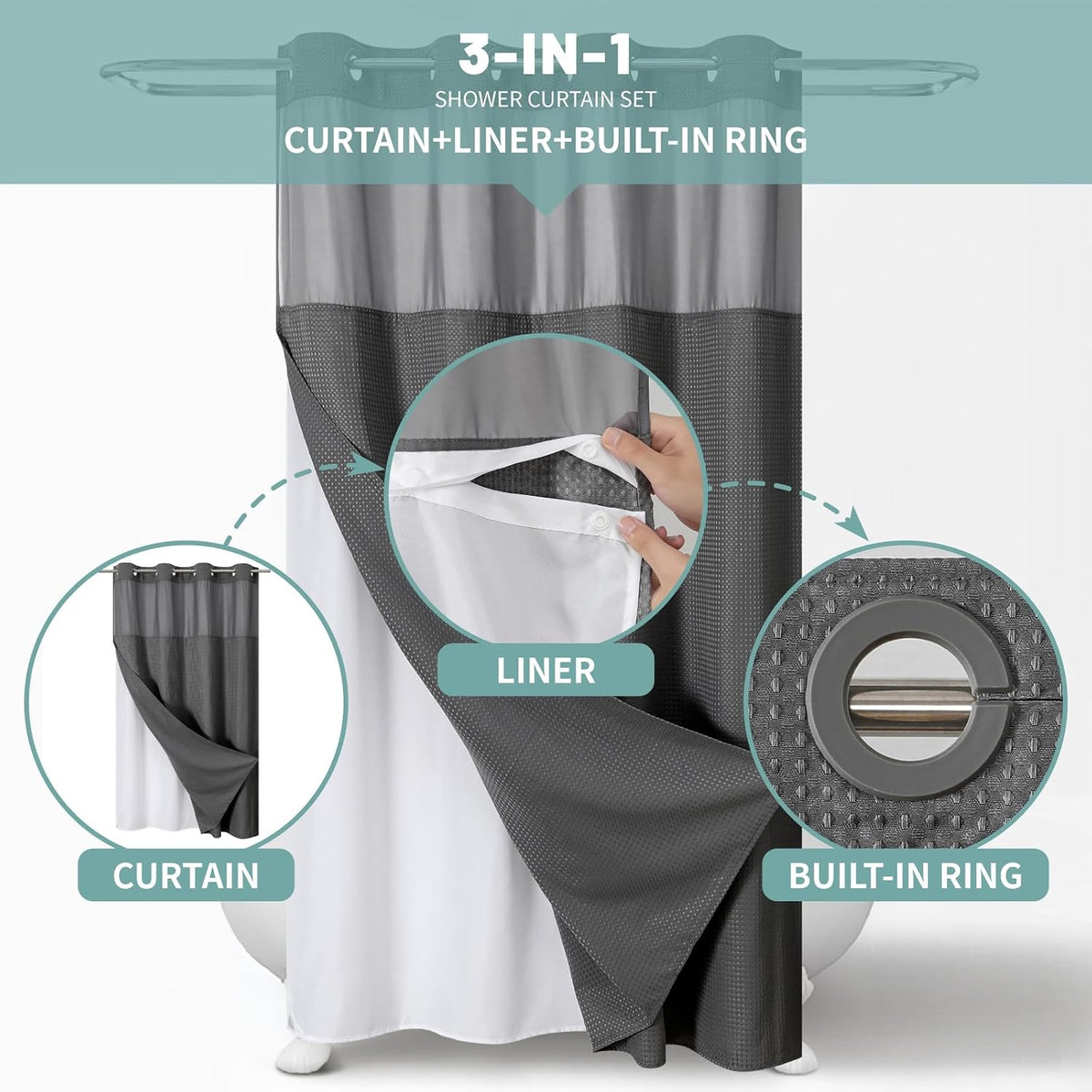 No Hook Waffle Shower Curtain with Snap-in Liner, 71x74 Inch, White