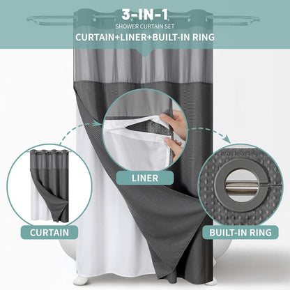 No Hook Waffle Shower Curtain with Snap-in Liner, 71x74 Inch, White