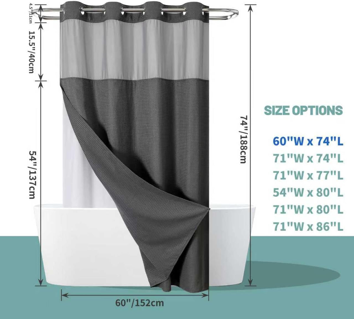 No Hook Waffle Shower Curtain with Snap-in Liner, 71x74 Inch, White