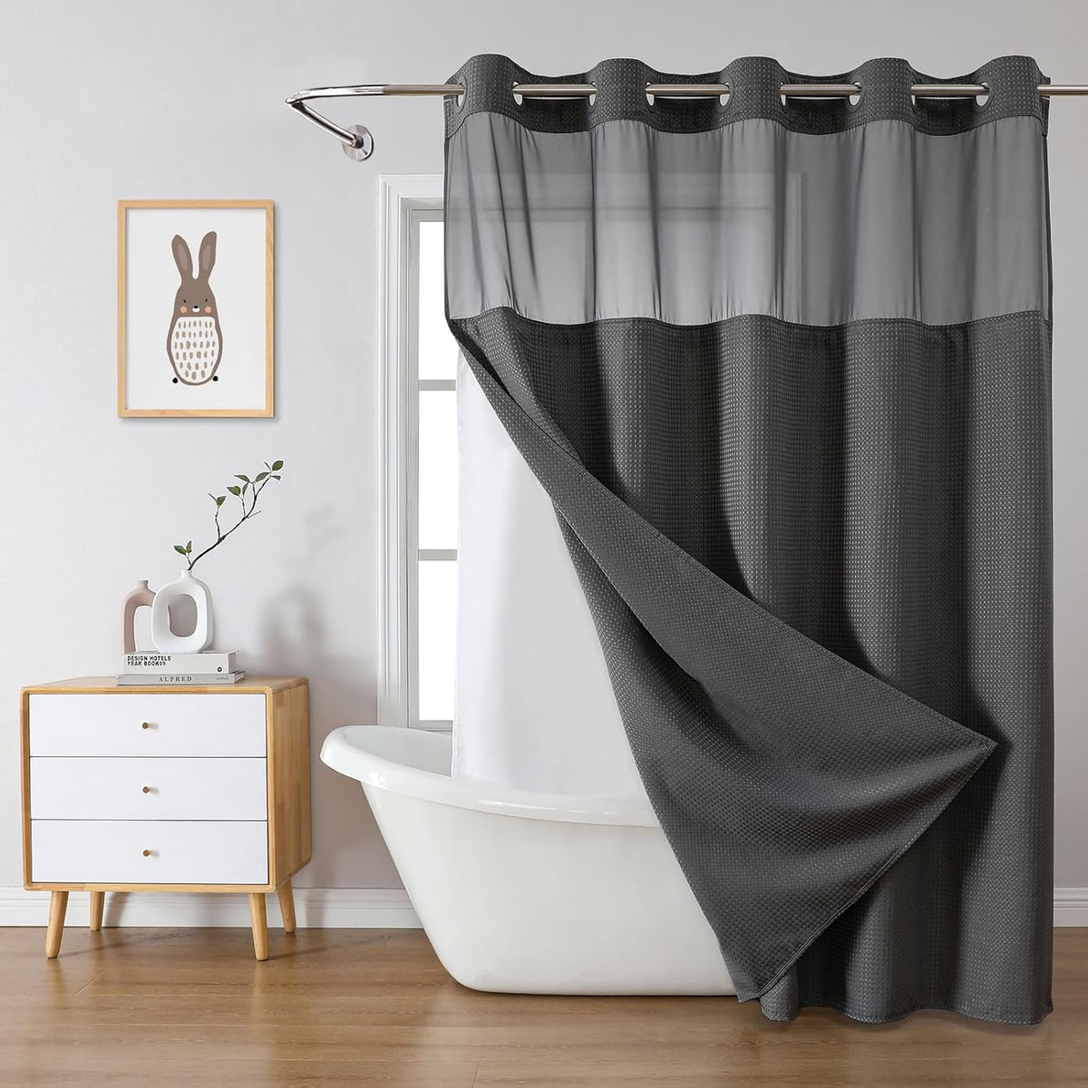No Hook Waffle Shower Curtain with Snap-in Liner, 71x74 Inch, White