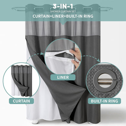 No Hook Waffle Shower Curtain with Snap-in Liner, 71x74 Inch, White