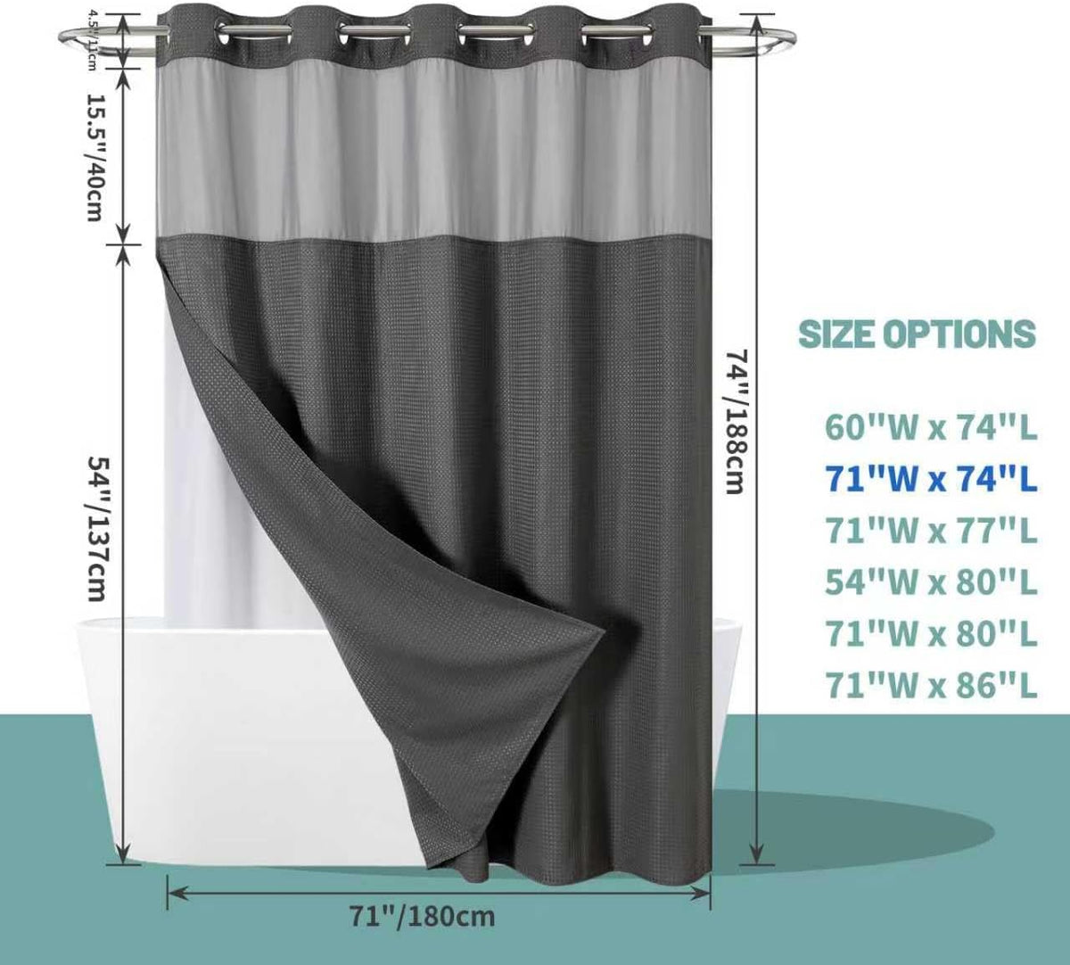 No Hook Waffle Shower Curtain with Snap-in Liner, 71x74 Inch, White