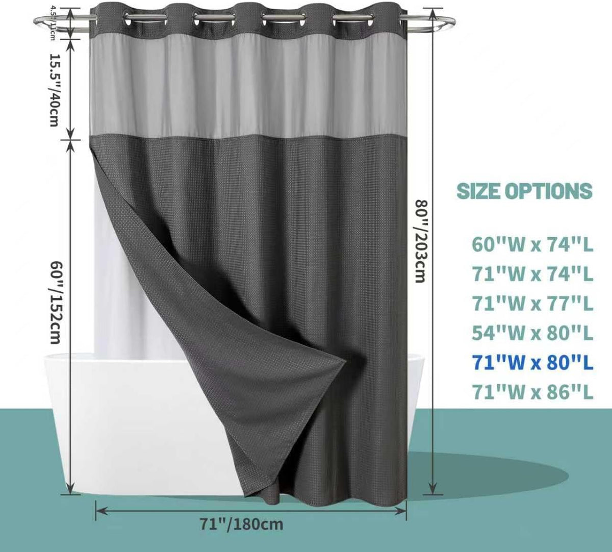 No Hook Waffle Shower Curtain with Snap-in Liner, 71x74 Inch, White