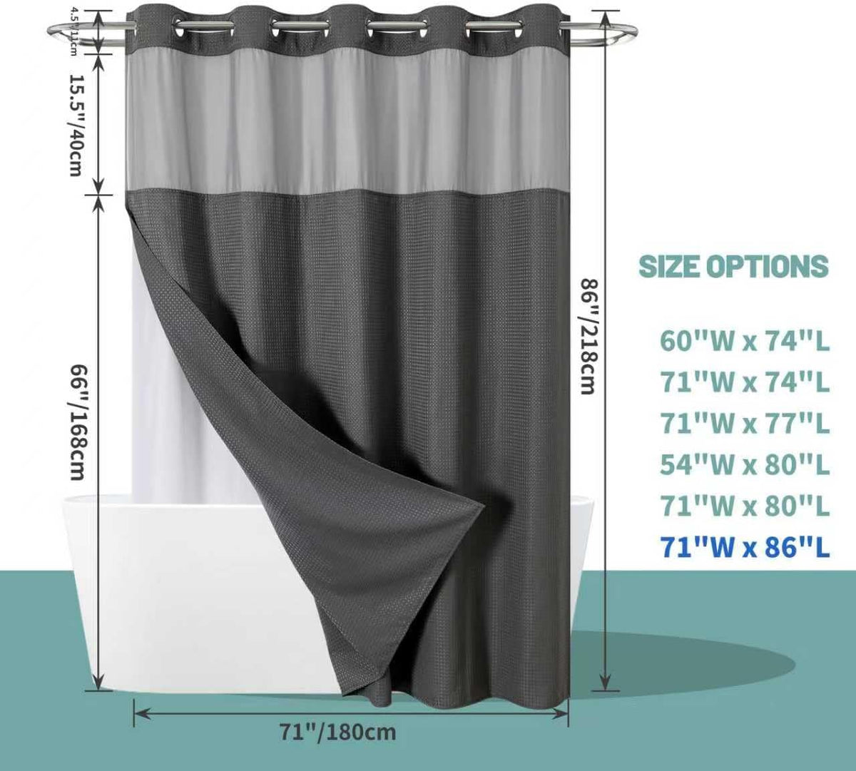 No Hook Waffle Shower Curtain with Snap-in Liner, 71x74 Inch, White