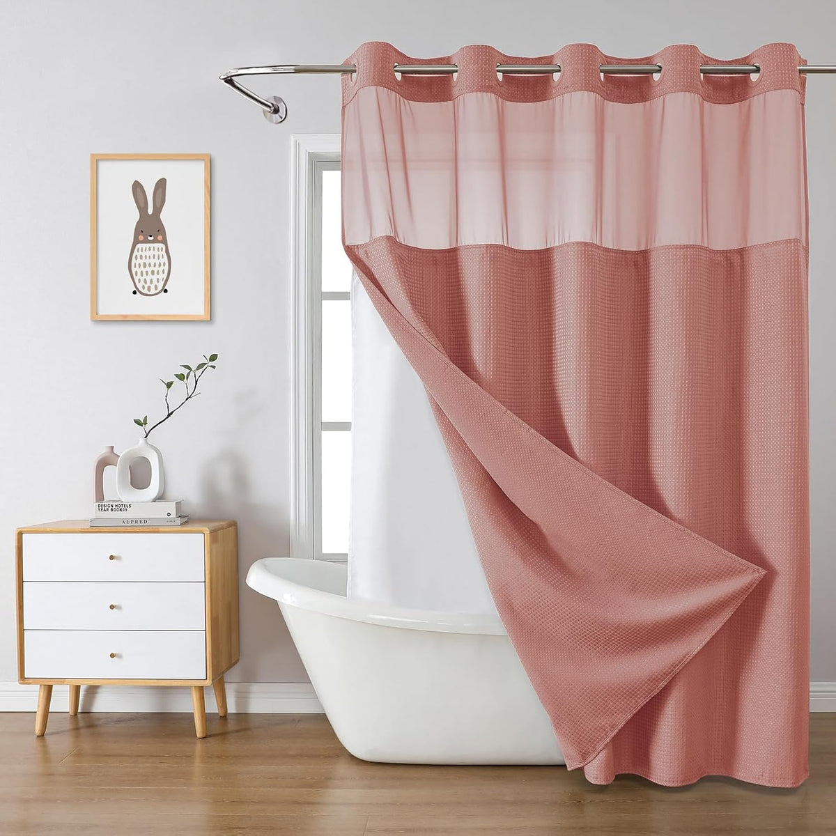 No Hook Waffle Shower Curtain with Snap-in Liner, 71x74 Inch, White