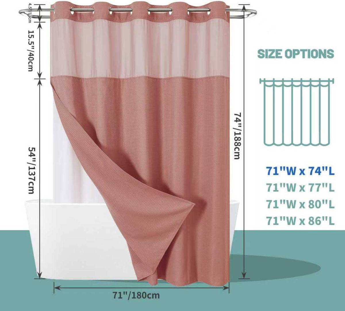 No Hook Waffle Shower Curtain with Snap-in Liner, 71x74 Inch, White