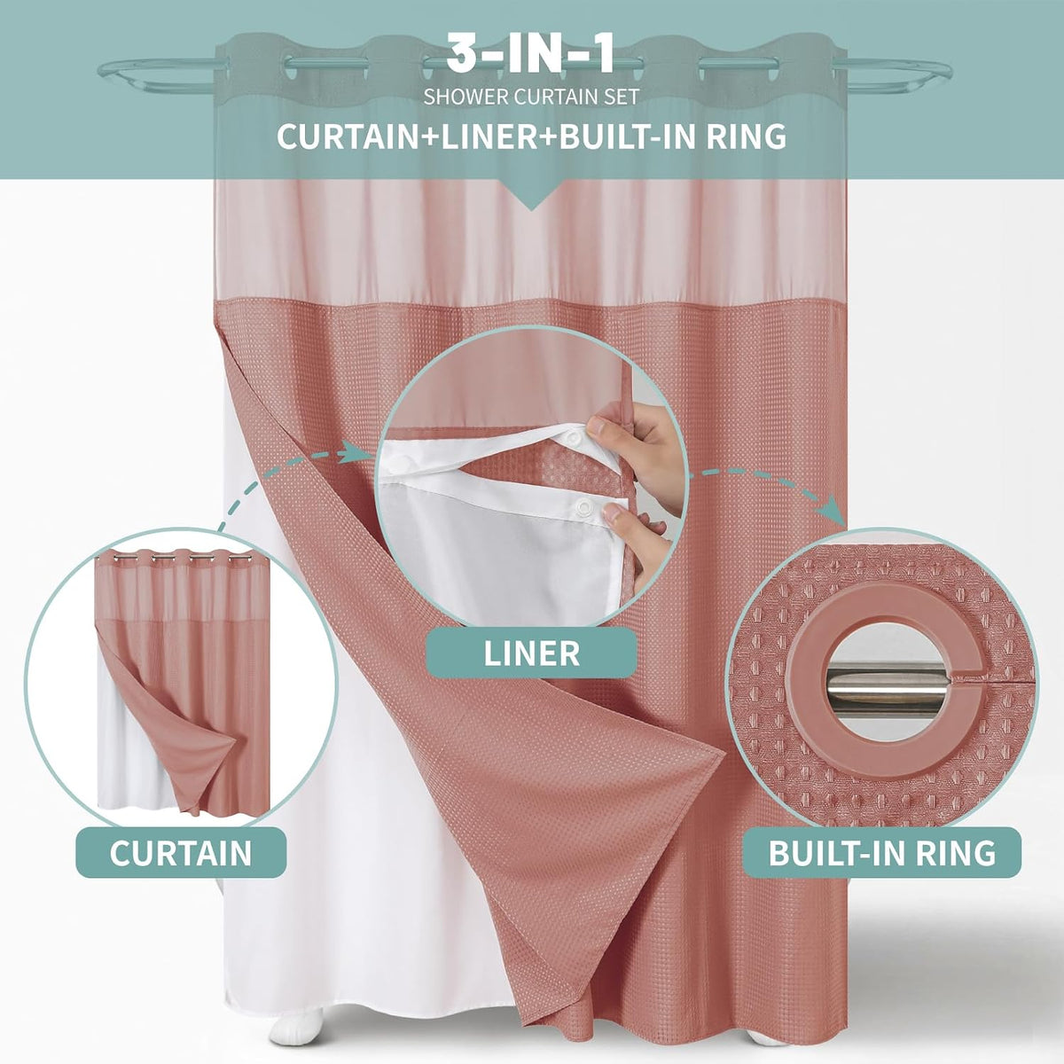 No Hook Waffle Shower Curtain with Snap-in Liner, 71x74 Inch, White