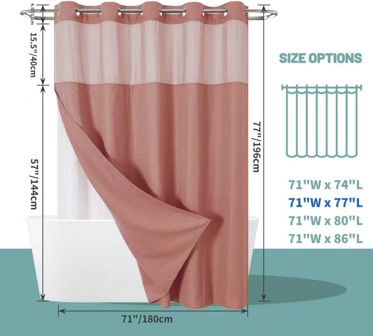 No Hook Waffle Shower Curtain with Snap-in Liner, 71x74 Inch, White