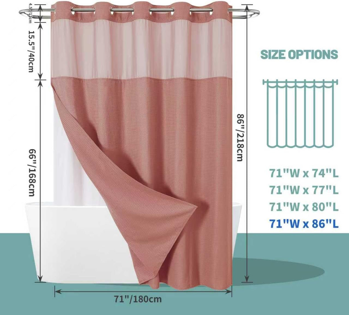 No Hook Waffle Shower Curtain with Snap-in Liner, 71x74 Inch, White