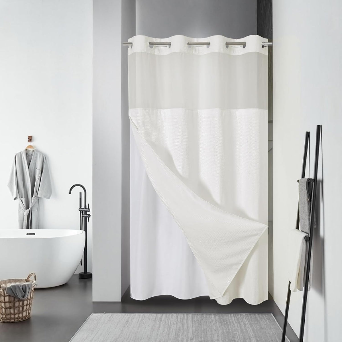 No Hook Waffle Shower Curtain with Snap-in Liner, 71x74 Inch, White