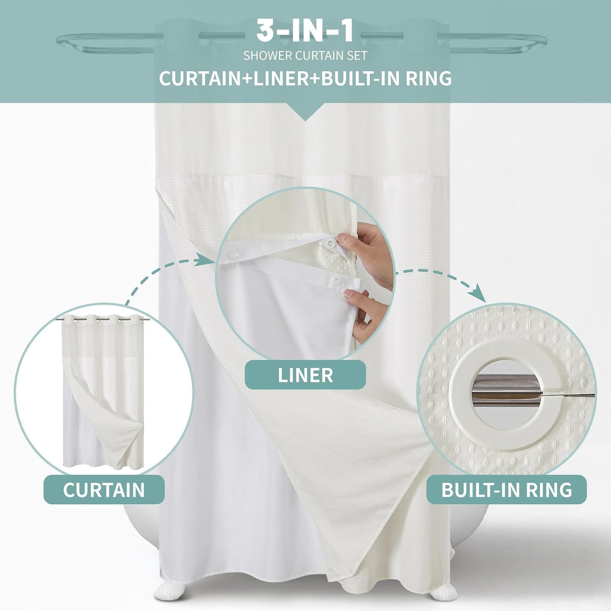 No Hook Waffle Shower Curtain with Snap-in Liner, 71x74 Inch, White