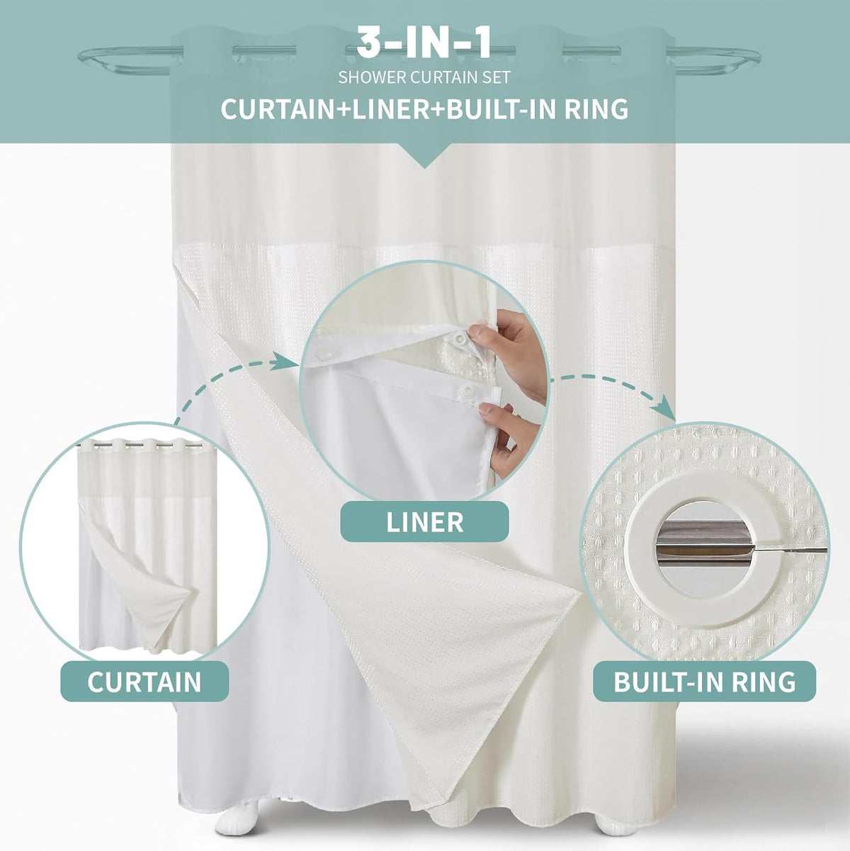No Hook Waffle Shower Curtain with Snap-in Liner, 71x74 Inch, White