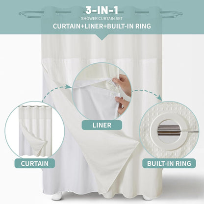 No Hook Waffle Shower Curtain with Snap-in Liner, 71x74 Inch, White