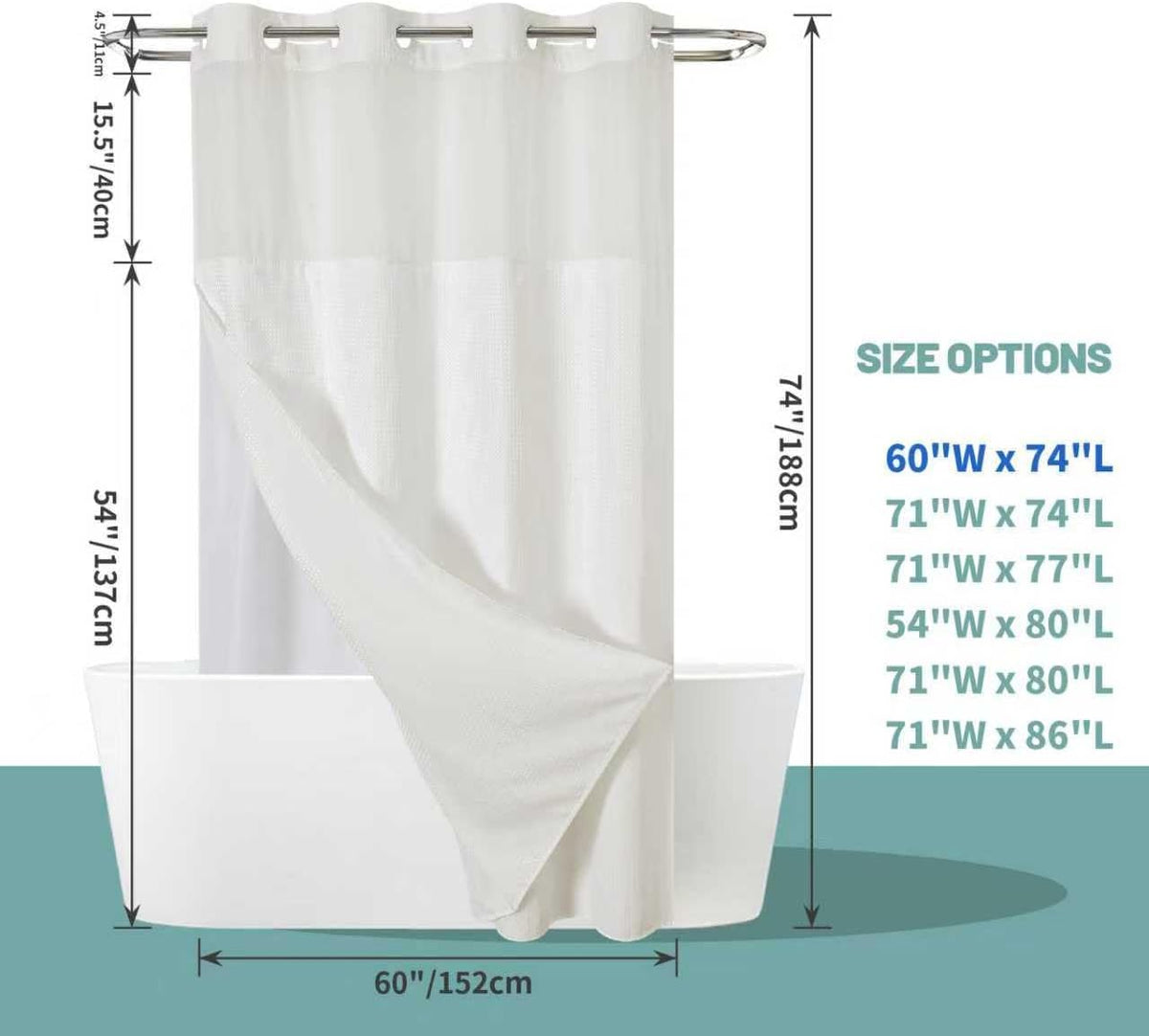 No Hook Waffle Shower Curtain with Snap-in Liner, 71x74 Inch, White