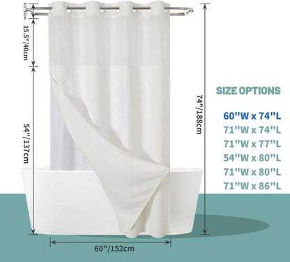No Hook Waffle Shower Curtain with Snap-in Liner, 71x74 Inch, White