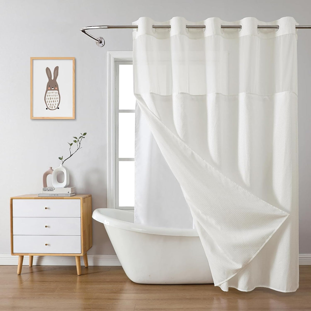 No Hook Waffle Shower Curtain with Snap-in Liner, 71x74 Inch, White