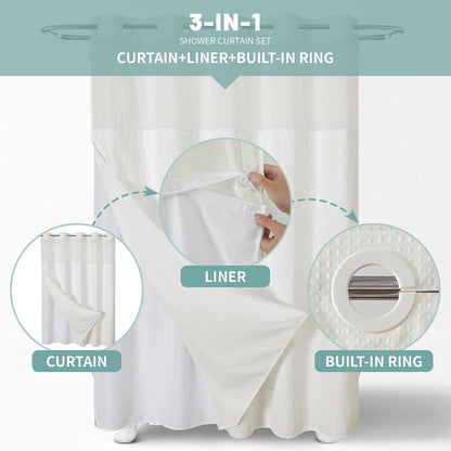 No Hook Waffle Shower Curtain with Snap-in Liner, 71x74 Inch, White