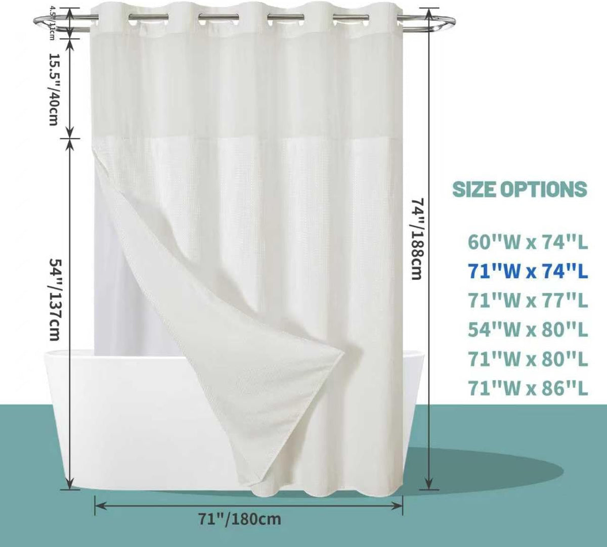No Hook Waffle Shower Curtain with Snap-in Liner, 71x74 Inch, White