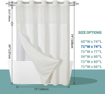 No Hook Waffle Shower Curtain with Snap-in Liner, 71x74 Inch, White