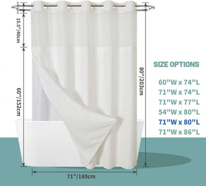 No Hook Waffle Shower Curtain with Snap-in Liner, 71x74 Inch, White