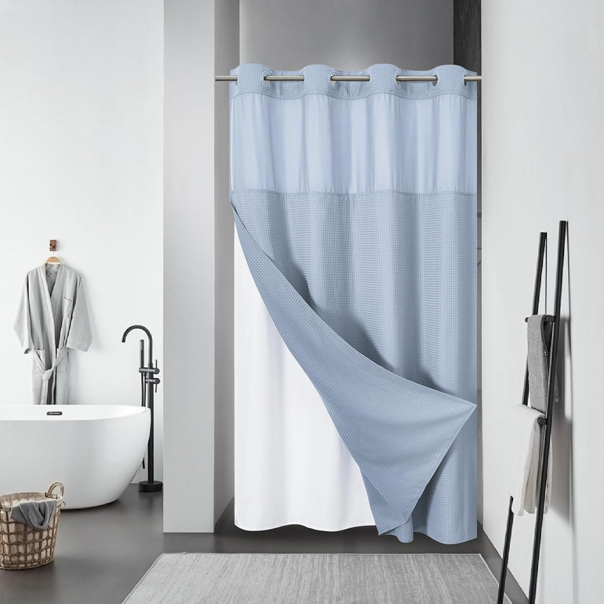 No Hook Waffle Shower Curtain with Snap-in Liner, 71x74 Inch, White